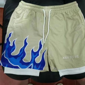 [Free Gift] Fake Two-piece Street Style Flyah Printed Mesh Shorts for Men and Women Summer Beach Drift Sport Basketball Short Pants