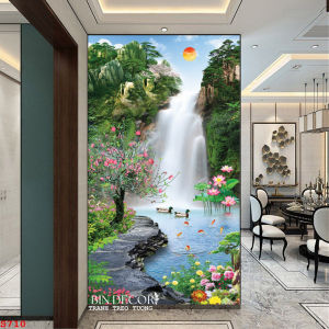 Tranh dán tường 3d phong cảnh hữu tình khổ dọc sẵn keo dán