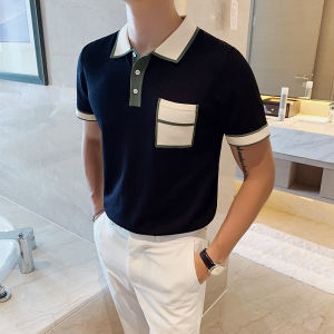 2023 Summer thin short-sleeved POLO Mens Shirt Color Block Pocket British Style Slim Fit Korean Version Turn-down Collar Ice Silk T T-shirt
