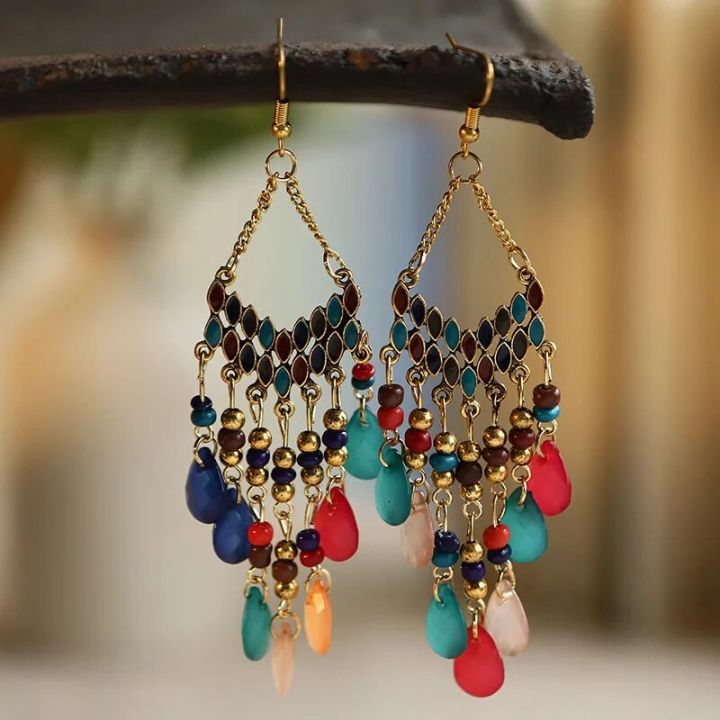 Bohemian Water Drop Tassel Earrings For Women Colorful Beads