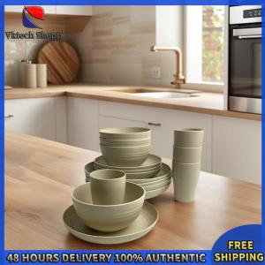 Vktech Eco-Friendly Wheat Straw Cutlery Set 16 Pieces Unbreakable Dinnerware for Family Dining and Outdoor BBQ