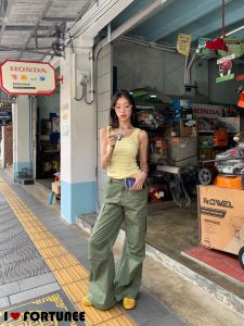 ❣Fortunee ❣  กางเเกงคาร์โก้ทรงตรงสีเขียวทหาร สไตล์วินเทจอเมริกัน สำหรับผู้หญิง เอวสูง ช่วยให้ดูผอมเพรียว