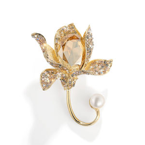 TX013 Crystal Floral Brooch Gold Orchid Inlaid With Diamonds And Pearls Coat Accessory Pin