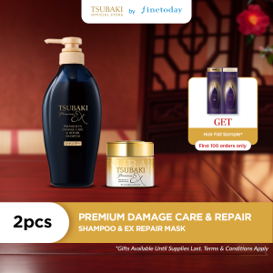 TSUBAKI Premium Ex Damage Care & Repair Shampoo  450ml + Premium Ex Repair Mask 180g - Hair Care Treatement Set [For Cleansing Moisturizing Extra Noursihment Severely Damaged High Porosity Hair with Japanese Camellia Flower Oil]