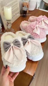 Autumn And Winter Cotton Slippers With Bow Maternity Shoes For Women Thickened Home Slippers Non-Slip Cotton Shoes Plush Closed-Back Cotton Slippers