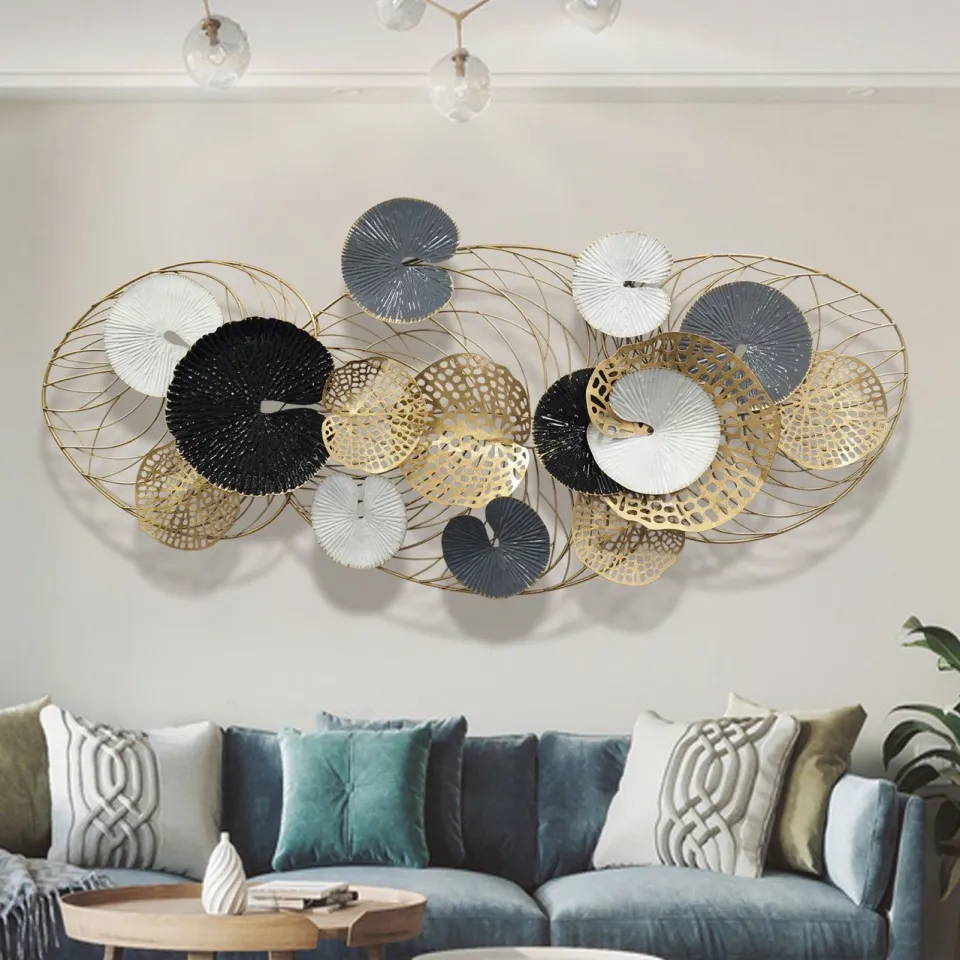 Modern Metal Wall Art Decoration – 125cm Black Gold Abstract Lotus Design,  Large Frame Wall Décor for Living Room Sofa Background