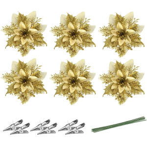 Christmas Flower Glittering Christmas Flowers Artificial Christmas Floral Fake Flower Xmas Tree Pendant Ornaments Christmas Decorations Flowers