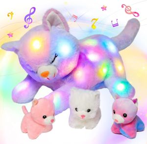Hopearl LED Musical Stuffed Cat Lighting Up Singing Plush Toy Playset Mommy Cat with 3 Baby Kittens in her Tummy Lullaby Animated Soothe for Mom Kids Toddler Girls Rainbow 18