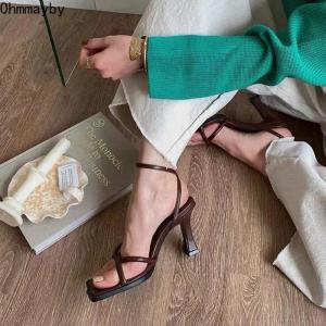 2026 Summer Narrow Band Heel Sandals Women Thick Heel 7 CM Ankle Strap Fashion Square Toe Ladies Dress Sandalias Womens shoes2026