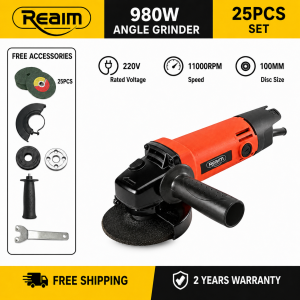 REAIM 980W Heavy Duty Angle Grinder High Power Electric Grinding and Cutting Machine for Metal Wood and Construction