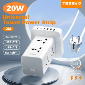 TESSAN 20W Universal Tower Power Strip 2M with 8 Outlets 3 USB-C 3 USB-A 1 Switch