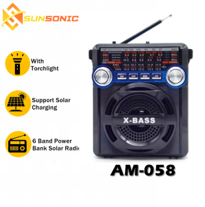 AM-058 X-BASS FM/AM/SW1-6 8 Band Radio Antenna Rechargeable USB Speaker AUX in/ SD/ TF MP3 Player with LED Flashlight