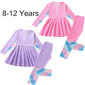 8-12 Years Teen Girl Long Sleeve Swimsuits Summer Mermaid Pattern Print 2 Pcs Sets Swimwear Kids Cute Princess Beach Outfits