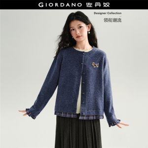GIORDANO Women Cardigans Fake Two-Piece Plaid Trim Cardigans Puppy Embroidery Fashionable Casual Cardigans 18356831