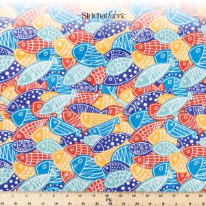 ผ้าคอตต้อน 100% ลายปลาสีสันสไตล์ญี่ปุ่น หน้ากว้าง 65 นิ้ว ผ้าเมตร ผ้าหลา