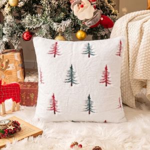 NALANILI Christmas Tree Pattern Throw Pillow Cover Cozy Faux Rabbit Fur Pillow Case White Cushion Cover