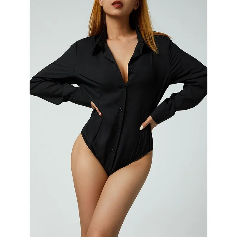 Office Lady Black Bodysuit Long Sleeve Body-con Top