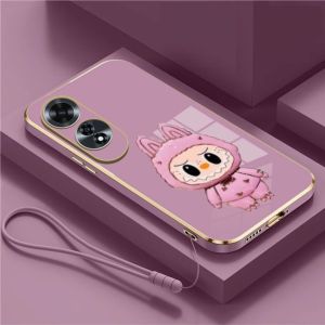 Casing Oppo A60 A57 A77s A18 A38 A5s A7 A12 A98 A79 5G F7 Labubu Mirror Stand Premium Silicon Plating Free Lanyard