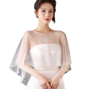 Womens Faux Pearls Beading Shawl Wrap Shrug Bridal Soft Sheer Tulle Mesh Capelet Wedding Dress Shawl Cover Up Capes