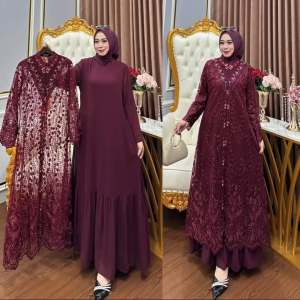 COD Harumma Dress + Outer Ceruty Babydoll Gamis Terbaru 2024 Mewah Kekinian Maxy Kondangan Wanita