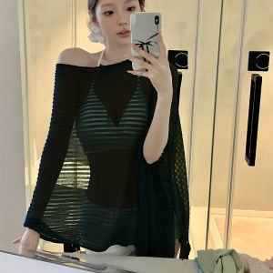 NLONKE Girl High-end Mid Length Sunscreen Shirts Smock Hollow-out Smock Slouchy Style Summer Top