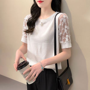 LUCKIN STORE Top for Womens Top All-match Beaded Lace Sleeve blouse Ice Silk Knit Short Sleeve Tops 2023 Summer T-shirt Plus Size Top