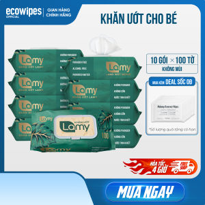 Thùng 10 gói khăn ướt cho bé LAMY gói lớn 100 khăn không chất tẩy trắng không cồn không paraben dùng được cho trẻ sơ sinh