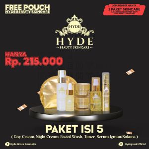 PAKET KOMPLIT ISI 5 SKINCARE MEREK HYDE (DAY CREAM NIGHT CREAM FACIAL WASH TONER & SERUM LEMON / SAKURA) HYDE BEAUTY SKINCARE FREE POUCH READY COD