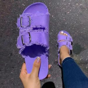 2025 Summer New Arrival Plus Size Casual Solid Color Canvas Buckle Strap Denim Flat Sandals For Women In Stock
