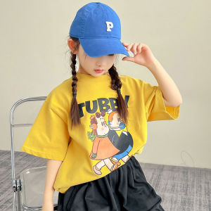 REALSELF เสื้อผ้าเด็กผญ เสื้อเด็กหญิง พิมพ์ลายกราฟิกเกาหลีสุดเก๋ เสื้อเชิ้ตแขนสั้นผ้าฝ้ายสำหรับเด็กสวมใส่สบาย2431