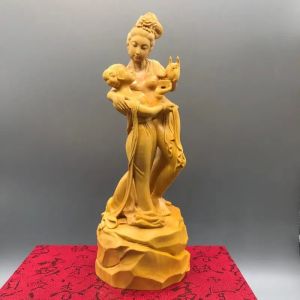 Hand-Carved Boxwood Tang Dynasty Beauty Statue Solid Wood Sculpture Chinese Historical Figure Home Decor Ornament for Living Room or Office Desk
