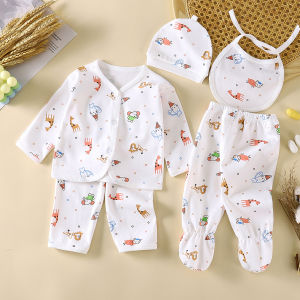 Babyonline(Y242)H1 ชุดเซ็ต5ชิ้นสำหรับเด็กแรกเกิดผ้าฝ้าย นิ่ม พร้อมหมวกและผ้ากันเปื้อน สำหรับเด็ก0-4เดือน