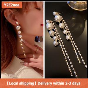 【Local shipping】 Long Dangle Earrings For Women New Fashion Full Crystal Simulated Pearl Tassel Drop Earrings Vintage Jewelry