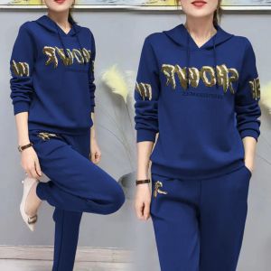 Oversize 4XL 2pcs Women Sporty Clothing Individual Set Wear Ladies Long Sleeve Hoodie Top and Loose Long Pants Hight Waist Wide Leg #883