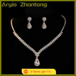 Aryio 3Pcs Đơn Giản Thời Trang Giọt Nước Pha Lê Thạch Vòng Cổ Bông Tai Bộ Cho Phụ Nữ Cưới Cô Dâu Đồ Trang Sức Bộ Phụ Kiện Quà Tặng
