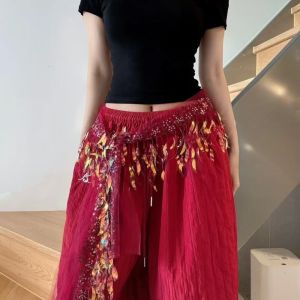 REEBO Y2K Jazz Dance Hip Scarf Hip-hop Jeans Decor Tassels Belt Adjustable Shirt Extender Sequin Waistband Streetwear
