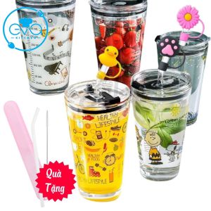 Ly Thuỷ Tinh 450 Ml In Hoạ Tiết Cute Kèm Ống Hút Có Nặp Đậy Silicone Hoạt Hình 3D Tặng Kèm Hộp Đựng Và Cọ Rửa SP4726