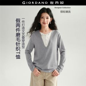 GIORDANO Women T-Shirts Fake Two-Piece Contrast Collar Tee Half Placket Fashionable Casual Relaxed T-Shirts 18326103