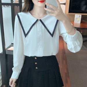 AMMIN Áo Voan Cổ Búp Bê Dễ Phối Khí Chất Thời Trang Phong Cách Hàn Quốc Áo Voan Tay Phồng Phong Cách Hải Quân Dài Tay Mùa Thu Mới Cho Nữ