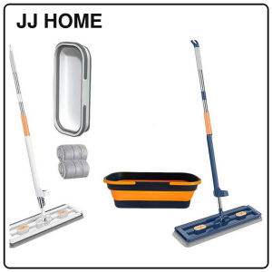 【JJ HOME】Hands-Free Flat Mop with Foldable Bucket Set/42cm Wide Mop Head/No Installation Needed