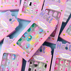 ZEEMIN 24Pcs/box Cartoon Girl Kids Fake Nails Kawaii Cat/Horse/Rabbit/Bear False Nails Tips Press on Nails with Jelly Glue +1 Pcs File*