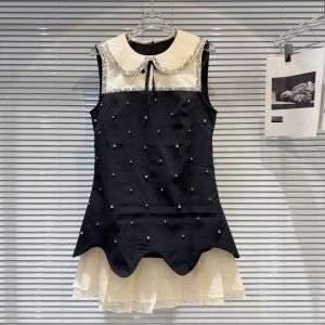 Summer New Arrival Sleeveless Ruffled Collar Rhinestone Embroidered Beadings Mesh Patchwork Short Dress Women GR434
