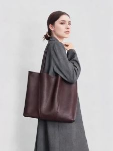 Casual Lazy Style Genuine Leather Tote Bag Large Capacity Commuter Shoulder Shopping Bag