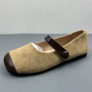 [Free Shipping] Square-Toe Mary Jane Flats 2026 New Collection Suede One-Strap Design Retro Style Soft-Soled WomenS Shoes Apricot Color