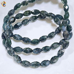 Premium Grade Natural Faceted Barrel Moss Agate Bracelet