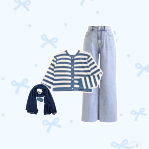 One Set 3in1 | Cardigan Stripe Crop + Jeans Highwaist + Jilbab Bella Square | - KA101