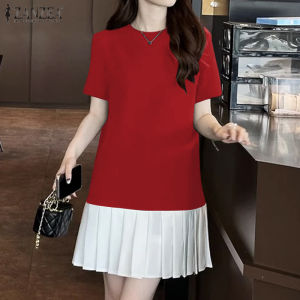 ZANZEA Korean Style Womens Temperament Pleats Splicing Dresses Ladylike Short Sleeved Mini Contrast Dress #0902