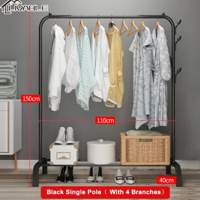 LIVABLE Clothing Garment Rack Floor Folding Coat Rack Hanger Indoor Single/Double Pole Bedroom Pole Hanging Clothes Rack