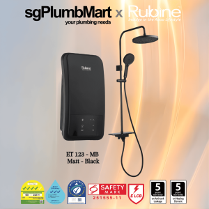 Rubine x sgPlumbMart EcoTouch ET-123 Instant Water Heater with Inverter DC Pump & Rainshower Set | Auto Inspection Alarm | Safety Mark | 3-Tick Water Efficiency | Touchscreen Control with Floating Shelf & Rain Shower - Slim Design