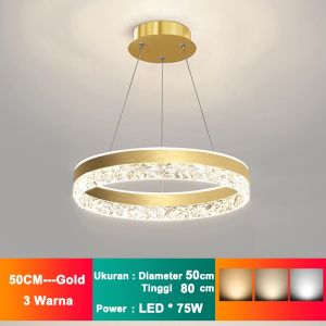 Golden LED Lampu Gantung Kristal 1 Ring Lampu Plafon LED Ruang Tamu Mewah Lampu Gantung Hias 3 Warna